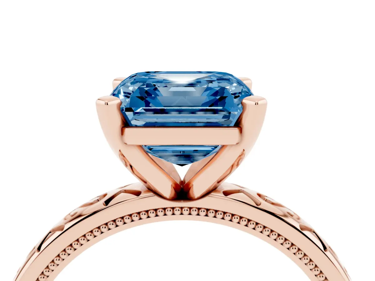 Fancy Blue Asscher Cut Solitaire Engagement Ring with Scrollwork Band and Four-Prong Setting Rose gold