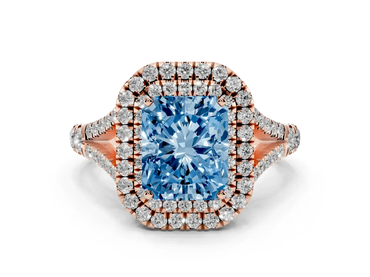 Fancy Blue Double Halo Radiant Cut Diamond Split Shank Engagement Ring with Four-Prong Setting Rose gold