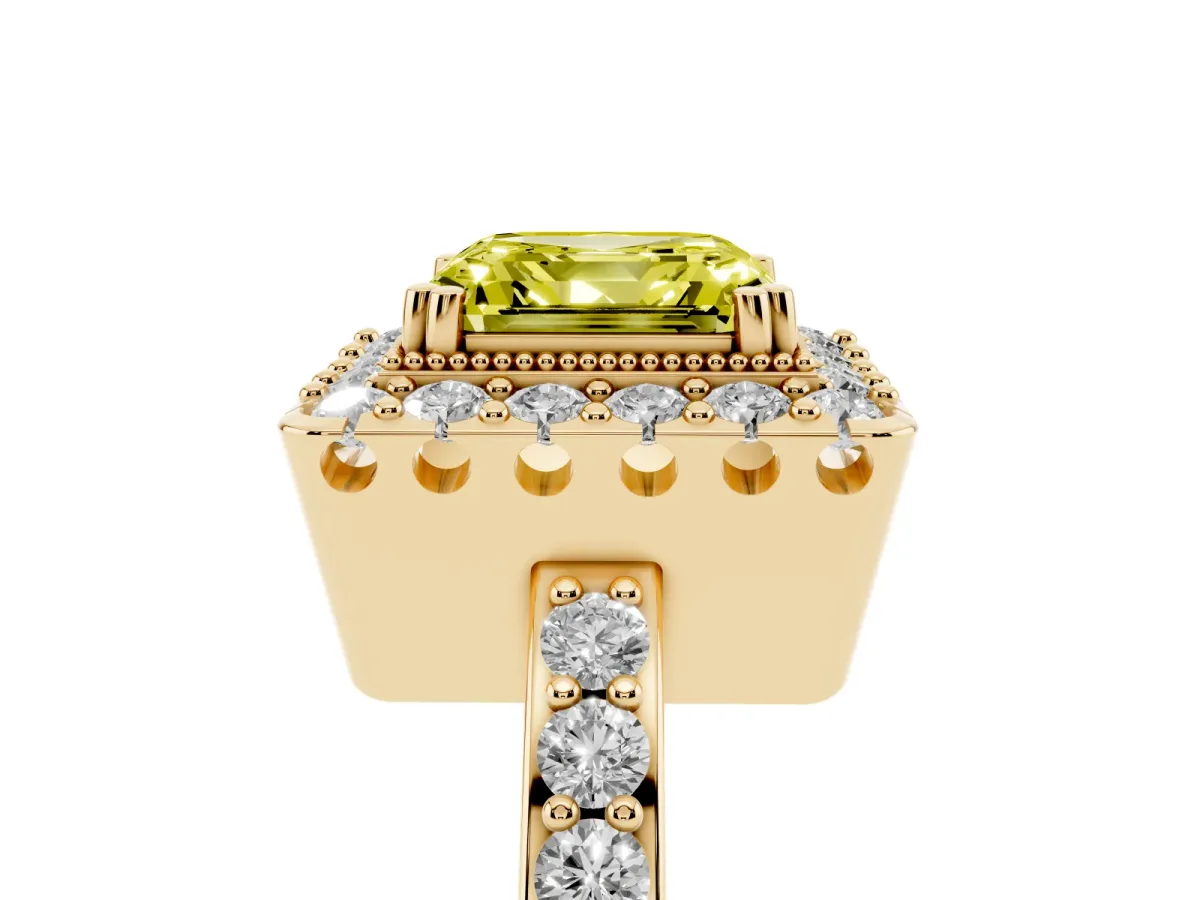 Fancy Yellow Asscher Cut Diamond Halo Ring with Pavé Band and Prong Setting Yellow gold