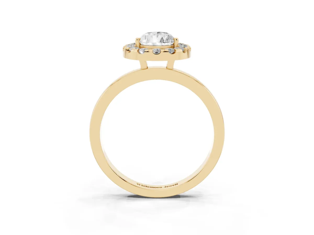 Pear Cut Halo Diamond Solitaire with Pavé Band and Four-Prong Setting Yellow gold