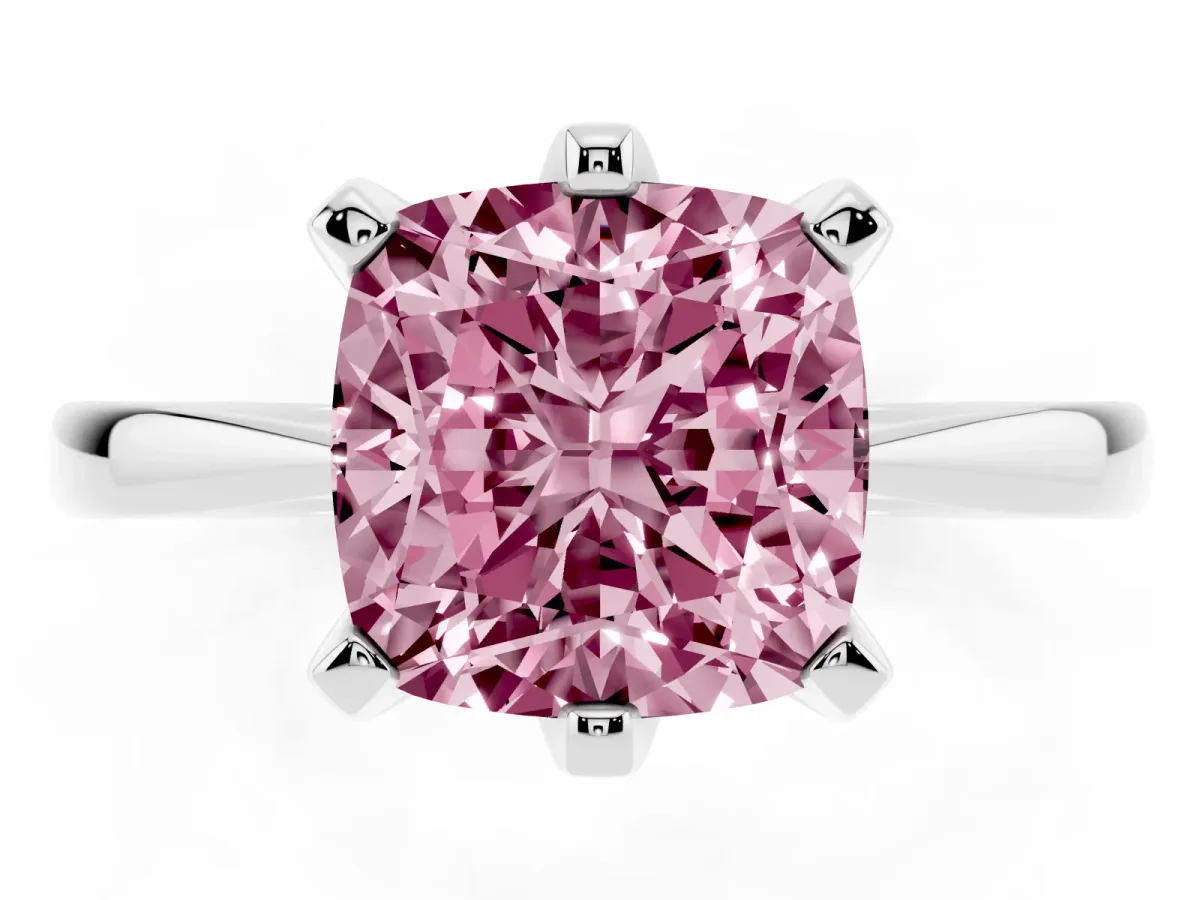 Fancy Pink Cushion Cut Solitaire Engagement Ring with Six-Prong Setting and Tapered Band Silver