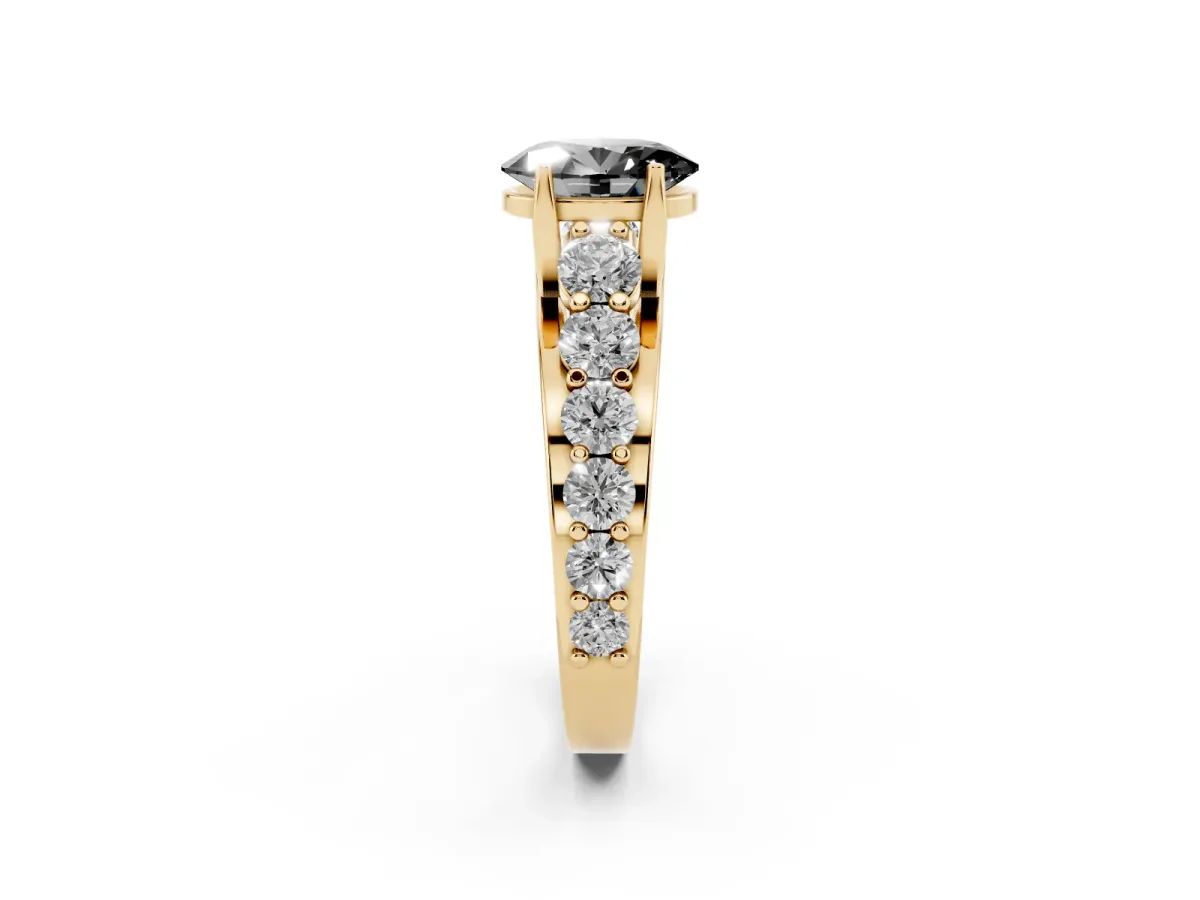 Fancy Black Oval Cut Diamond Engagement Ring with Pavé Band and Four-Prong Setting Yellow gold