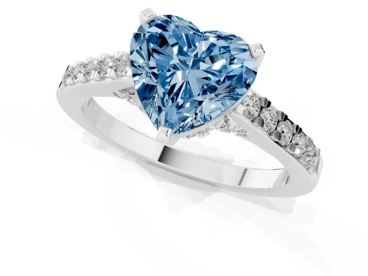 Fancy Blue Heart Cut Diamond Solitaire Ring with Crossover Gallery and Round Pavé Band Platinum
