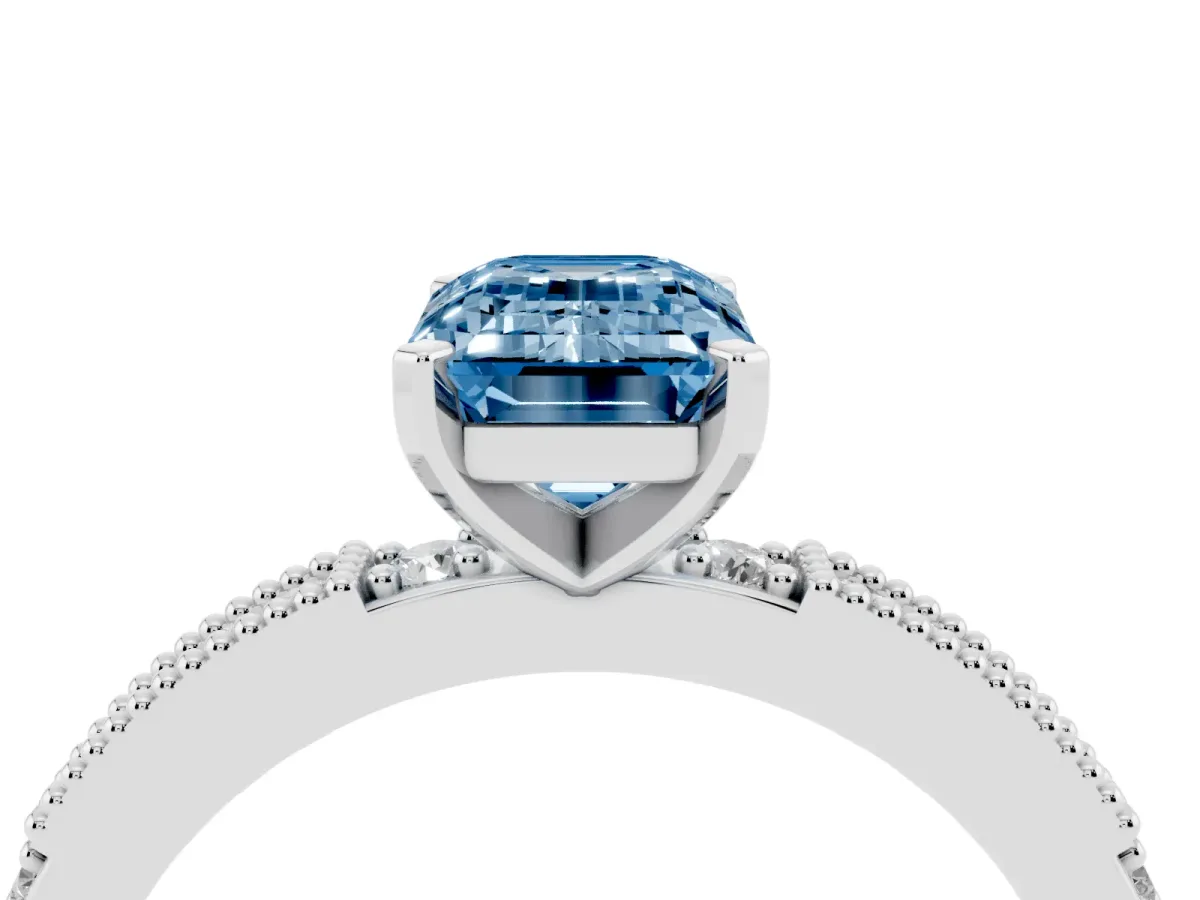 Fancy Blue Emerald Cut Solitaire with Pavé Band and Four-Prong Setting Silver