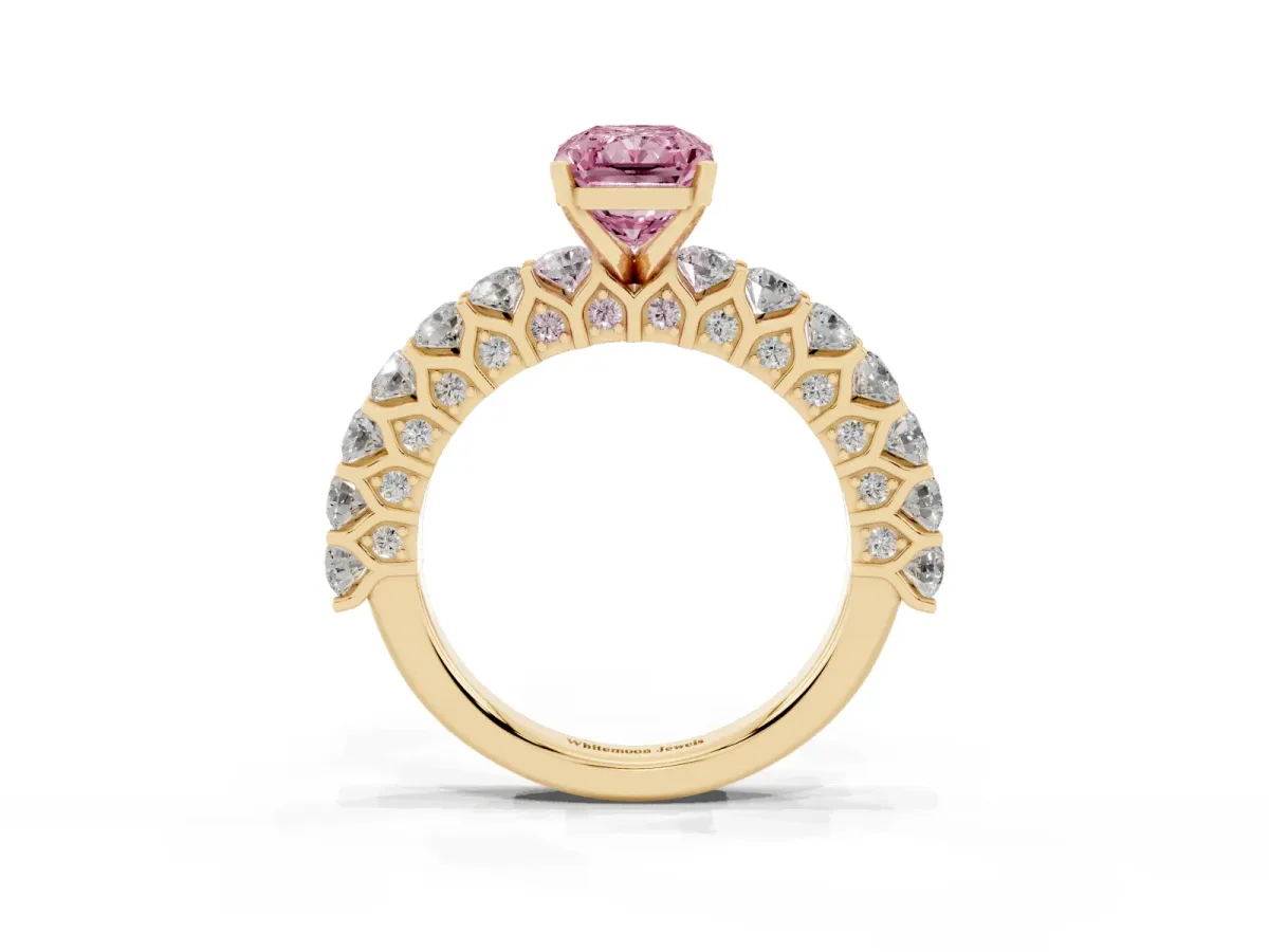 Fancy Pink Radiant Cut Diamond Solitaire Ring with Shared Prong Pavé Band and Four-Prong Setting Yellow gold