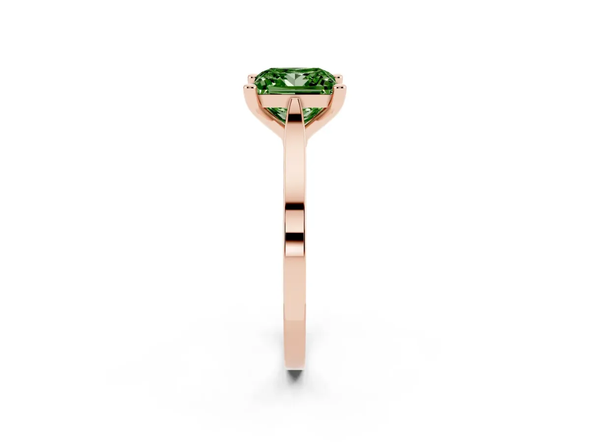 Fancy Green Princess Cut Solitaire Diamond Ring with Four-Prong Setting and Tapered Band Rose gold