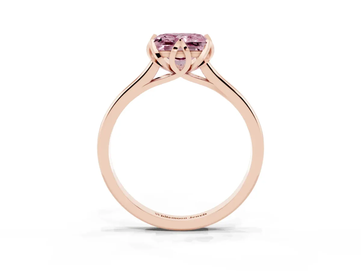 Fancy Pink Princess Cut Diamond Solitaire Ring with Flower Prong Setting and Classic Band Rose gold