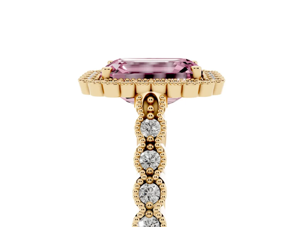 Fancy Pink Emerald Cut Cut Halo Pavé Solitaire Ring with Milgrain Band Yellow gold