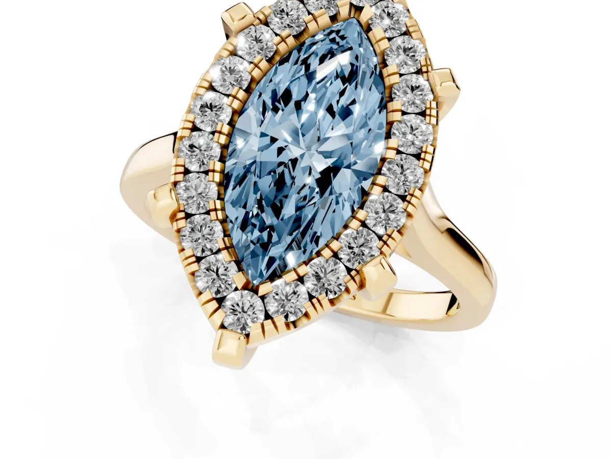 Fancy Blue Marquise Cut Diamond Cluster Halo Solitaire with Four-Prong Setting Yellow gold