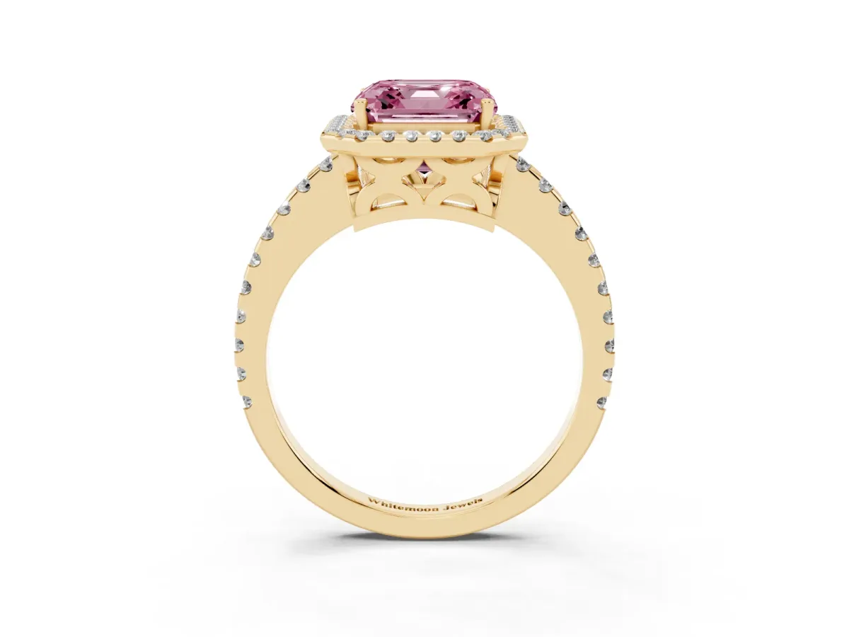 Fancy Pink Asscher Cut Diamond Halo Engagement Ring with Pavé Band and Prong Setting Yellow gold