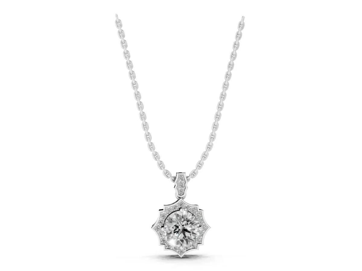 Round Diamond Halo Pendant with Milgrain Prong Setting White gold