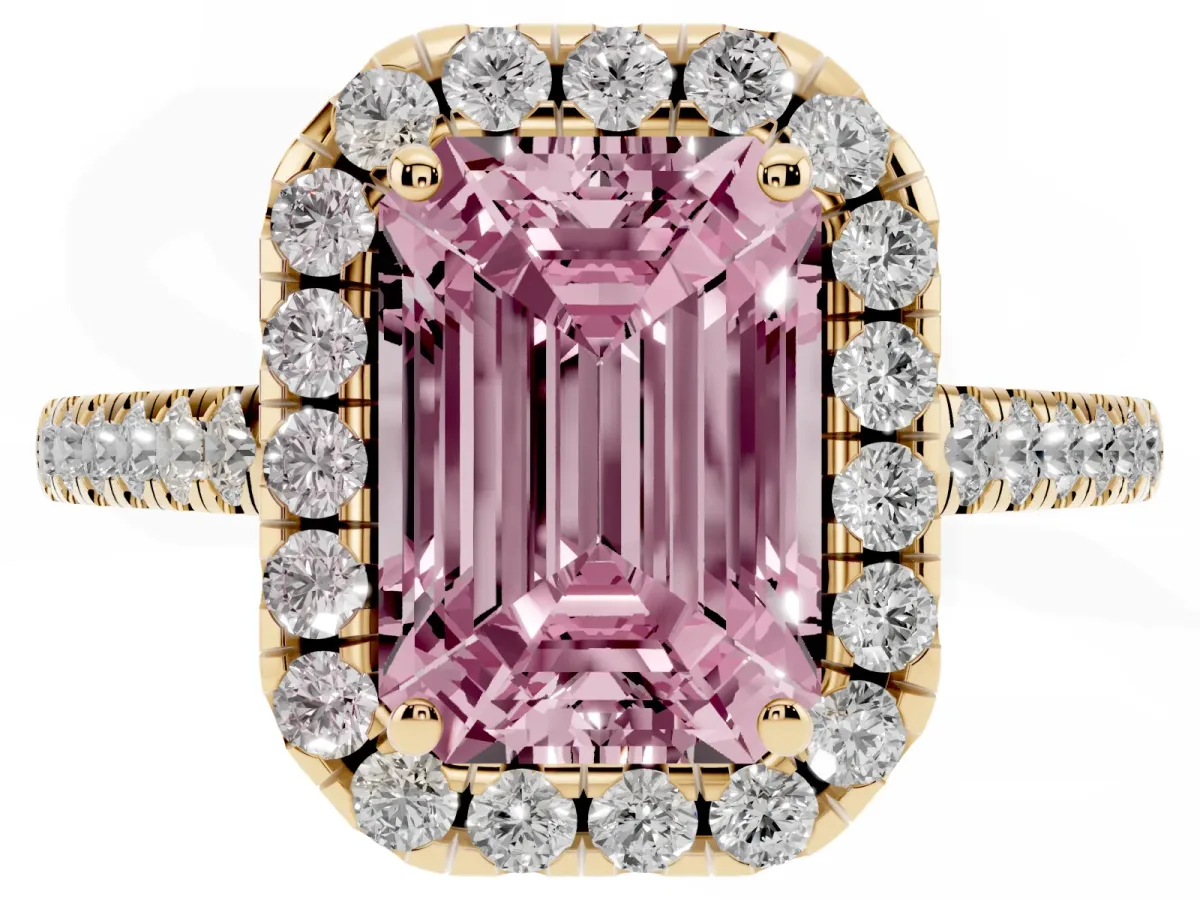 Fancy Pink Emerald Cut Halo Pave Diamond Engagement Ring with Four-Prong Setting Yellow gold