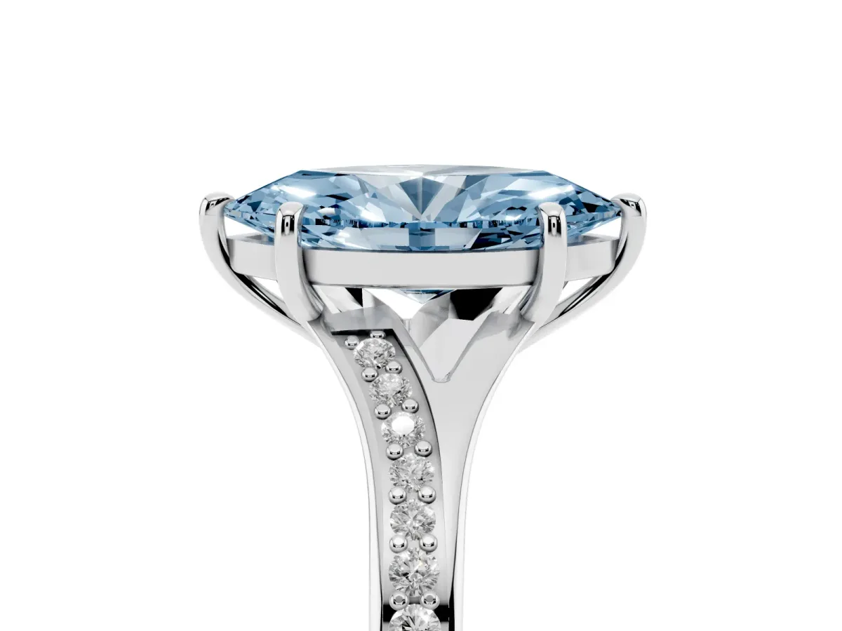 Fancy Blue Marquise Cut Diamond Solitaire Ring with Pavé Band and Prong Setting Silver