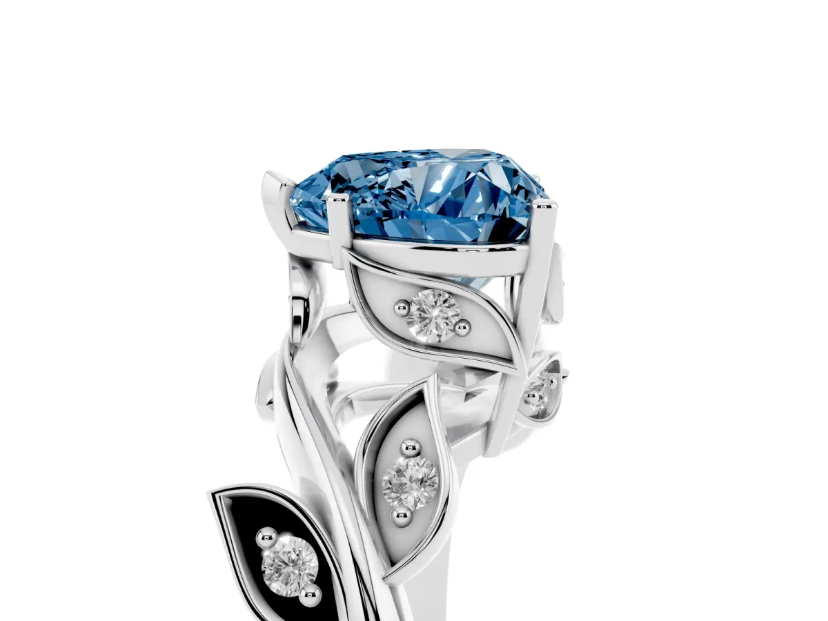 Fancy Blue Heart Cut Solitaire Twist Engagement Ring with Leaf Accents and Prong Setting White gold