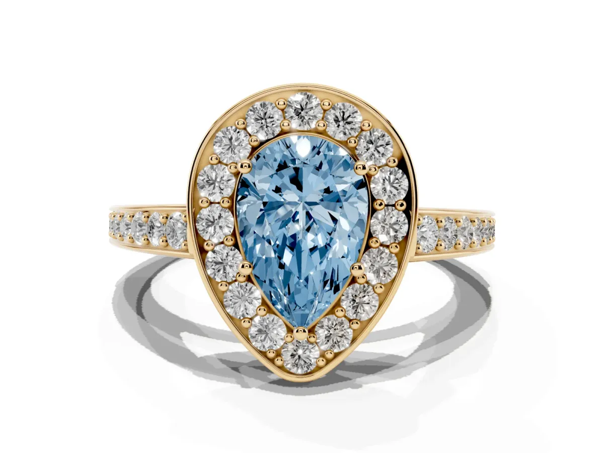Fancy Blue Pear Cut Halo Pavé Diamond Engagement Ring with Bezel Setting Yellow gold