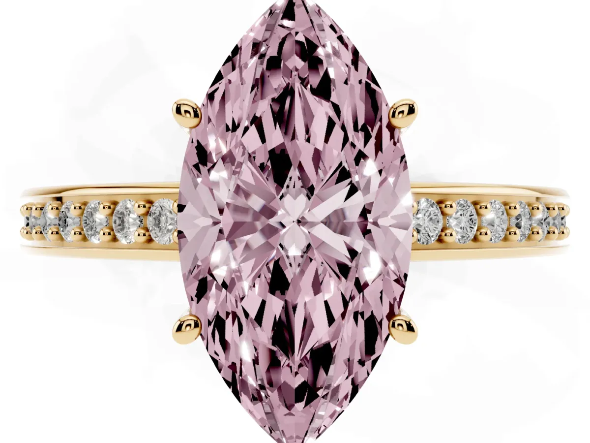 Fancy Pink Marquise Cut Solitaire Pavé Band Prong Setting Ring Yellow gold
