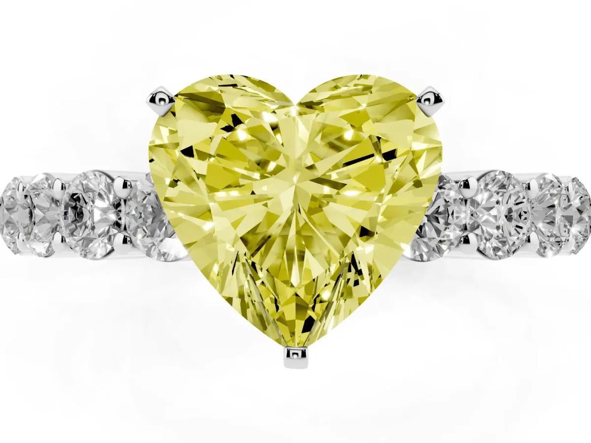 Fancy Yellow Heart Cut Diamond Solitaire Ring with Shared Prong Round Side Stones Silver