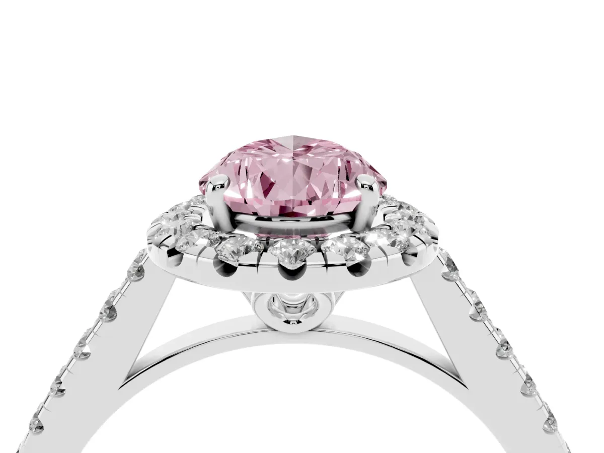 Fancy Pink Pear Cut Halo Pavé Diamond Engagement Ring with Four-Prong Setting Platinum