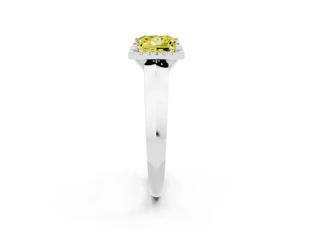 Fancy Yellow Princess Cut Halo Diamond Ring with Cathedral Band and Four-Prong Setting Platinum