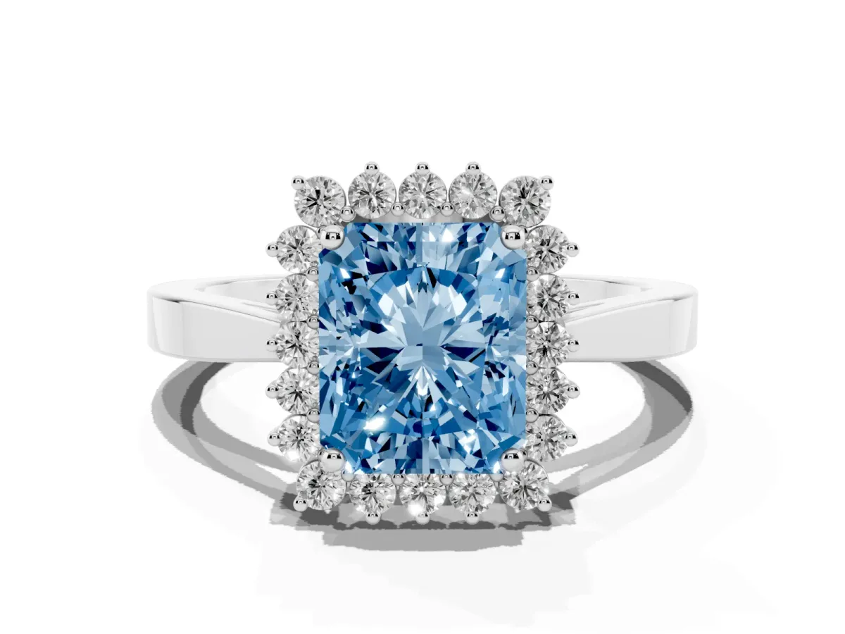 Fancy Blue Radiant Cut Cut Diamond Halo Ring with Round Brilliant Halo and Solitaire Band Silver