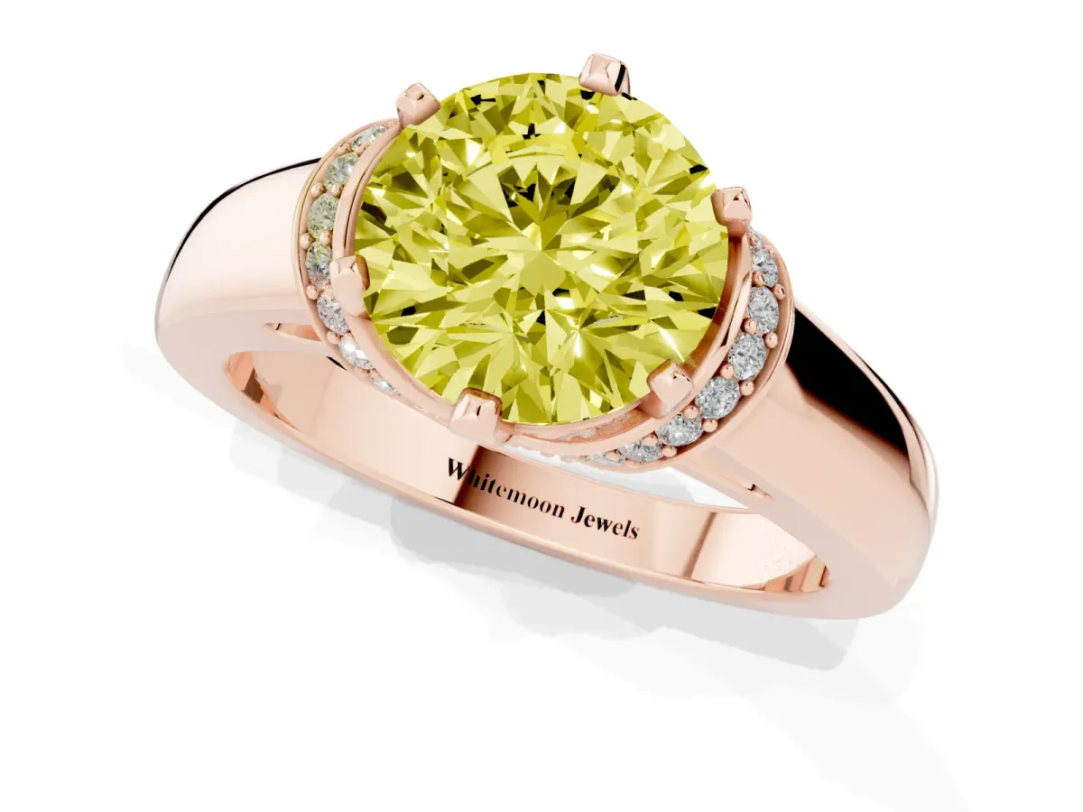 Fancy Yellow Round Cut Solitaire Diamond Ring with Pave Band and Six-Prong Setting Rose gold