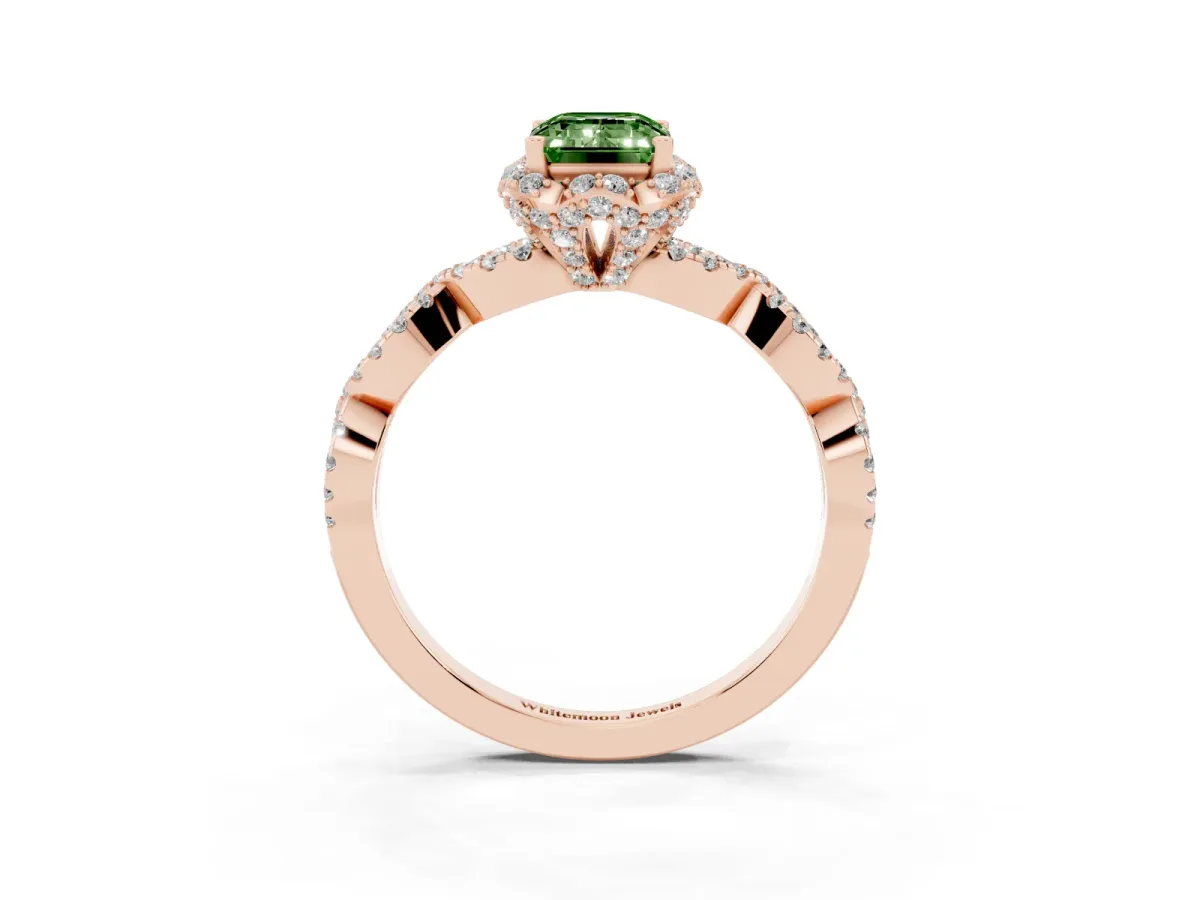 Fancy Green Emerald Cut Halo Twist Band Solitaire Ring with Six-Prong Setting Rose gold