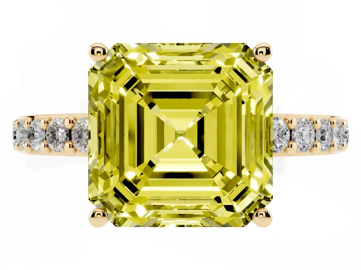 Fancy Yellow Asscher Cut Cut Diamond Solitaire with Pave Band and Four-Prong Setting Yellow gold