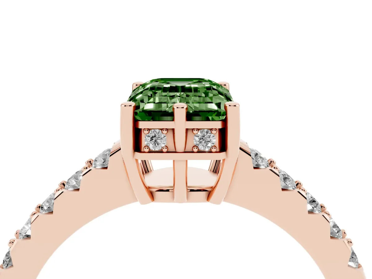 Fancy Green Emerald Cut Solitaire Diamond Engagement Ring with Pavé Band and Six-Prong Setting Rose gold