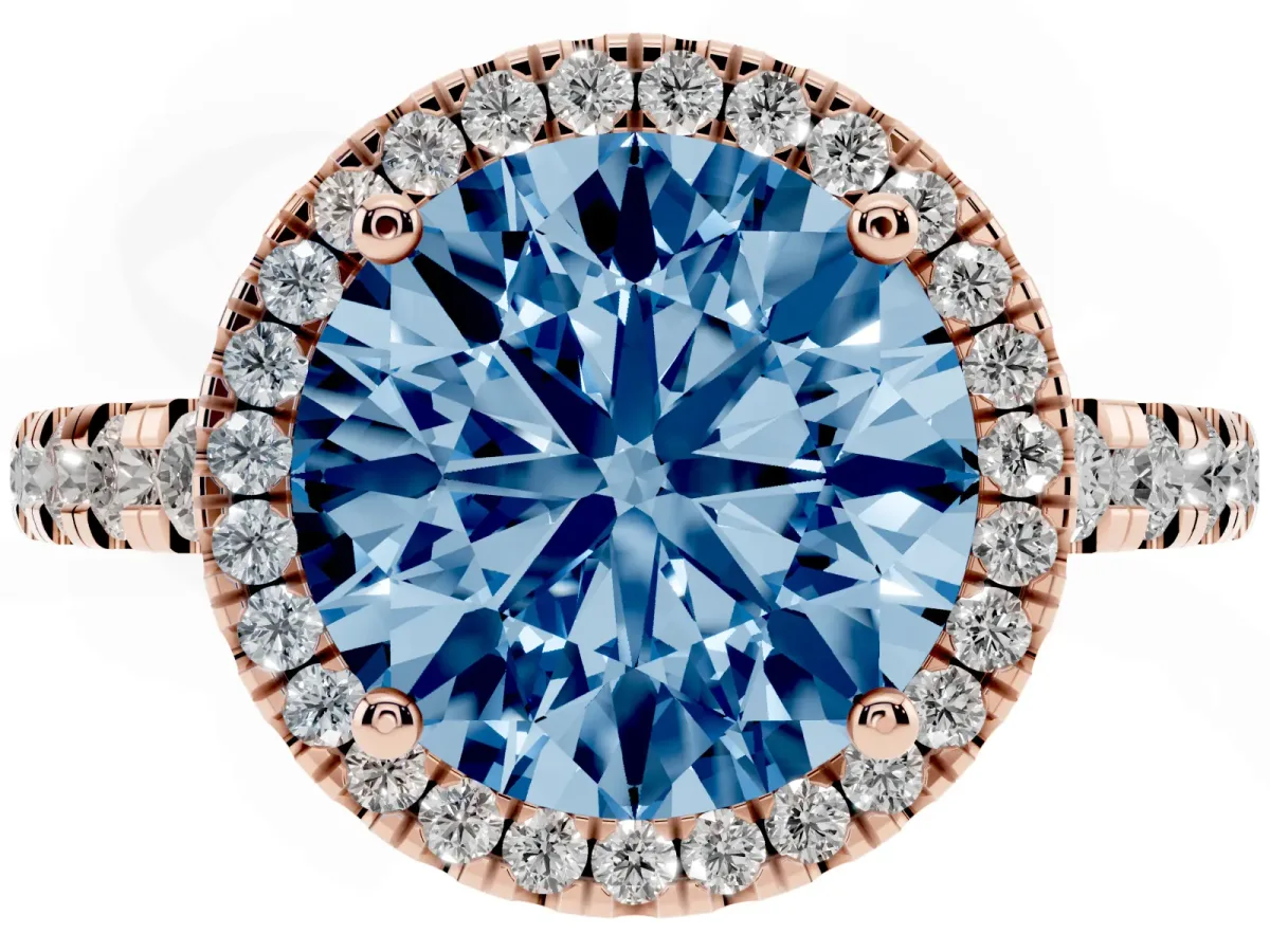 Fancy Blue Round Cut Diamond Halo Ring with Pavé Band and Four-Prong Setting Rose gold