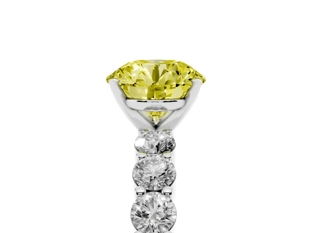 Fancy Yellow Round Cut Diamond Solitaire Ring with Shared Prong Round Side Stones Silver