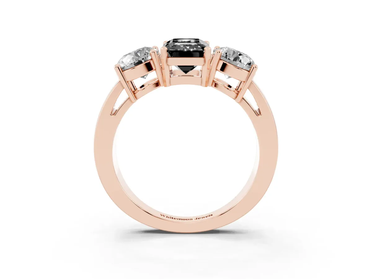 Fancy Black Three-Stone Emerald Cut Diamond Ring with Round Side Stones, Classic Band, and Four-Prong Setting Rose gold