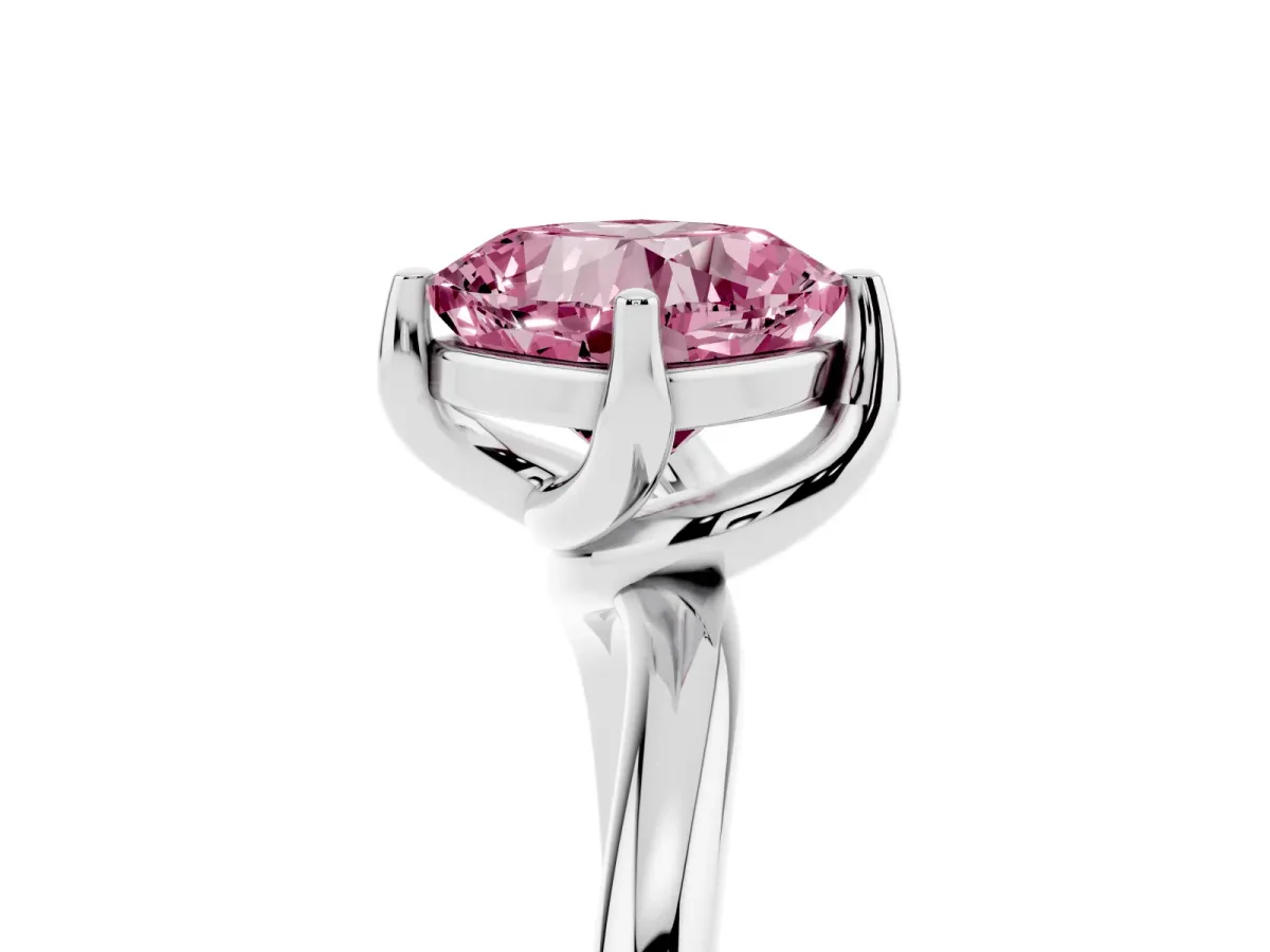 Fancy Pink Cushion Cut Diamond Solitaire Engagement Ring with Four-Prong Setting and Classic Band Platinum