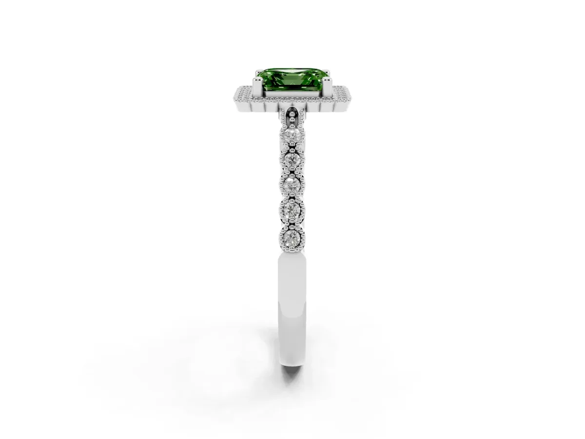 Fancy Green Asscher Cut Cut Halo Pavé Solitaire Ring with Milgrain Band Silver