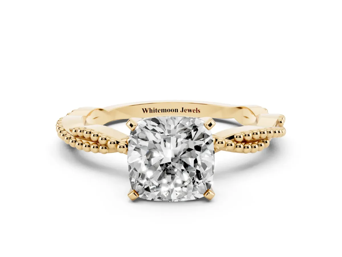 Cushion Cut Solitaire Twisted Band with Bead Prong Setting Yellow gold