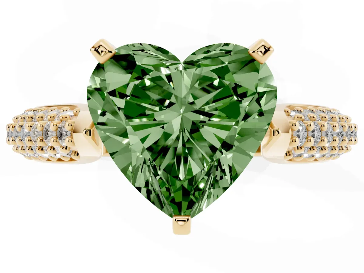Fancy Green Heart Cut Diamond Solitaire Engagement Ring with Multi-Row Round Pavé Band and Prong Setting Yellow gold