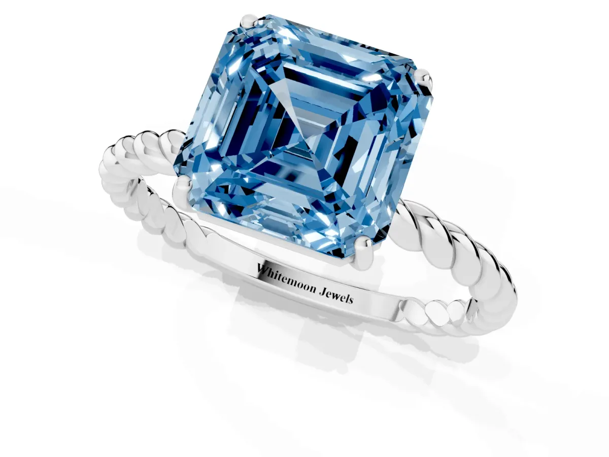 Fancy Blue Asscher Cut Solitaire Twisted Band 4-Prong Ring Silver