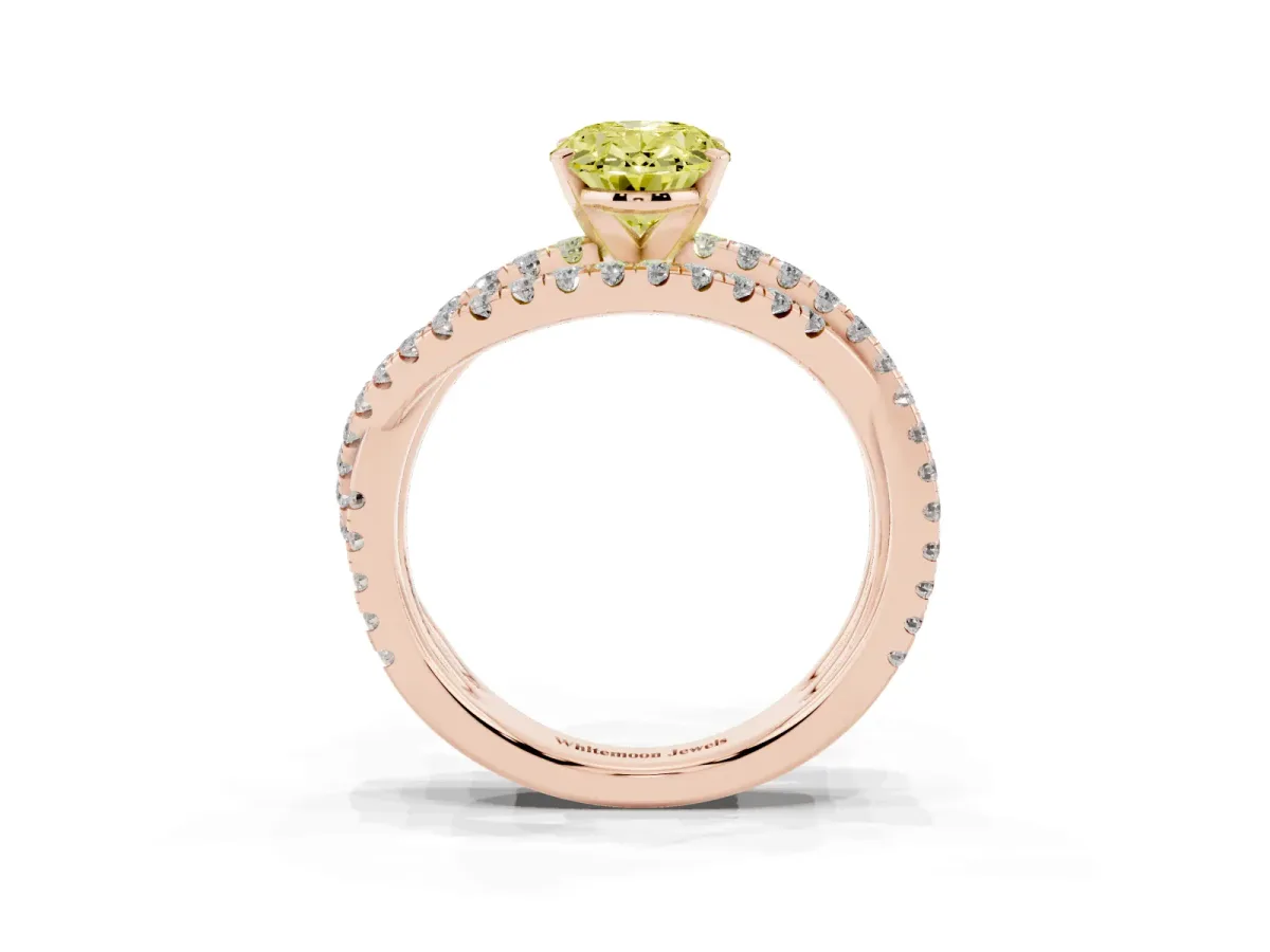 Fancy Yellow Oval Cut Solitaire Twist Band with Pavé Setting and Four-Prong Setting Rose gold