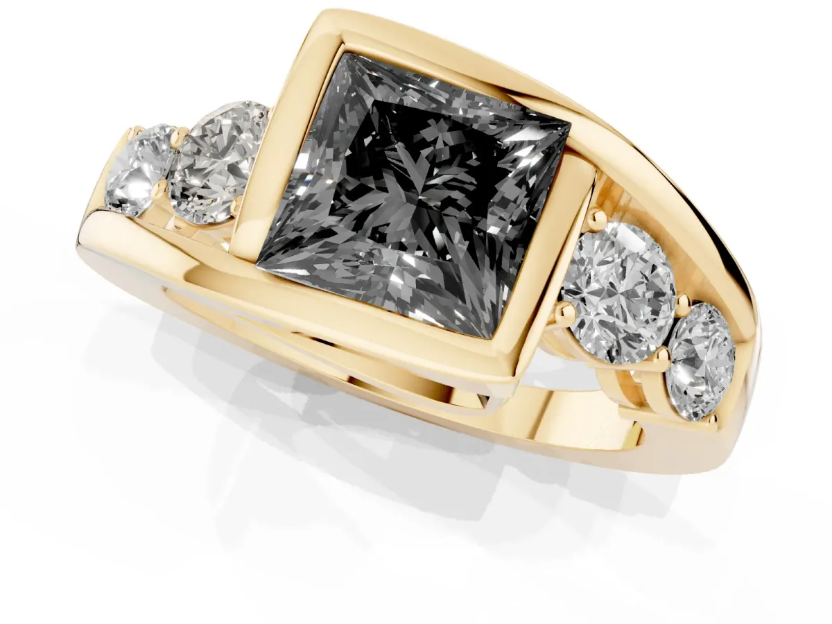Fancy Black Bezel Set Princess Cut Diamond Bypass Ring with Round Accents Yellow gold