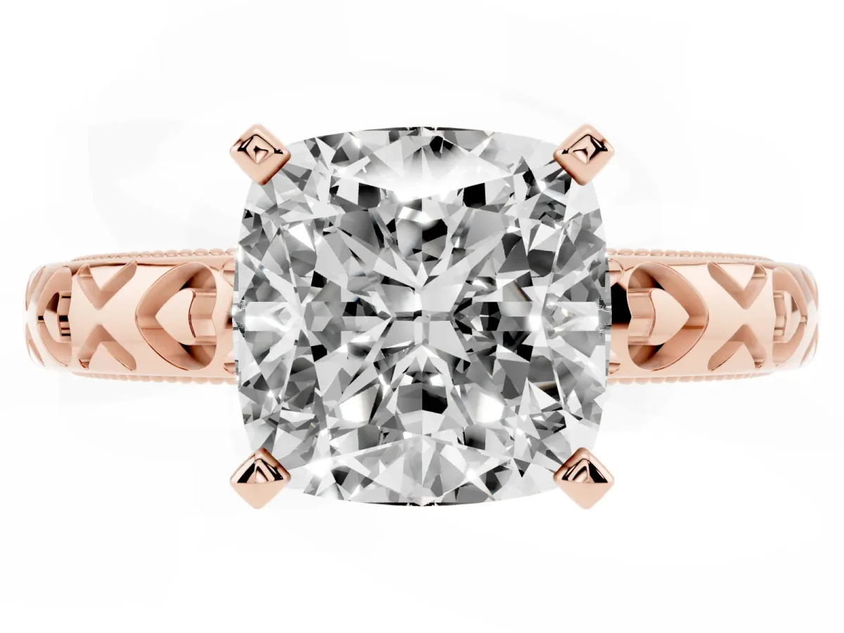 Cushion Cut Solitaire Diamond Engagement Ring with XO Engraved Band and Four-Prong Setting Rose gold