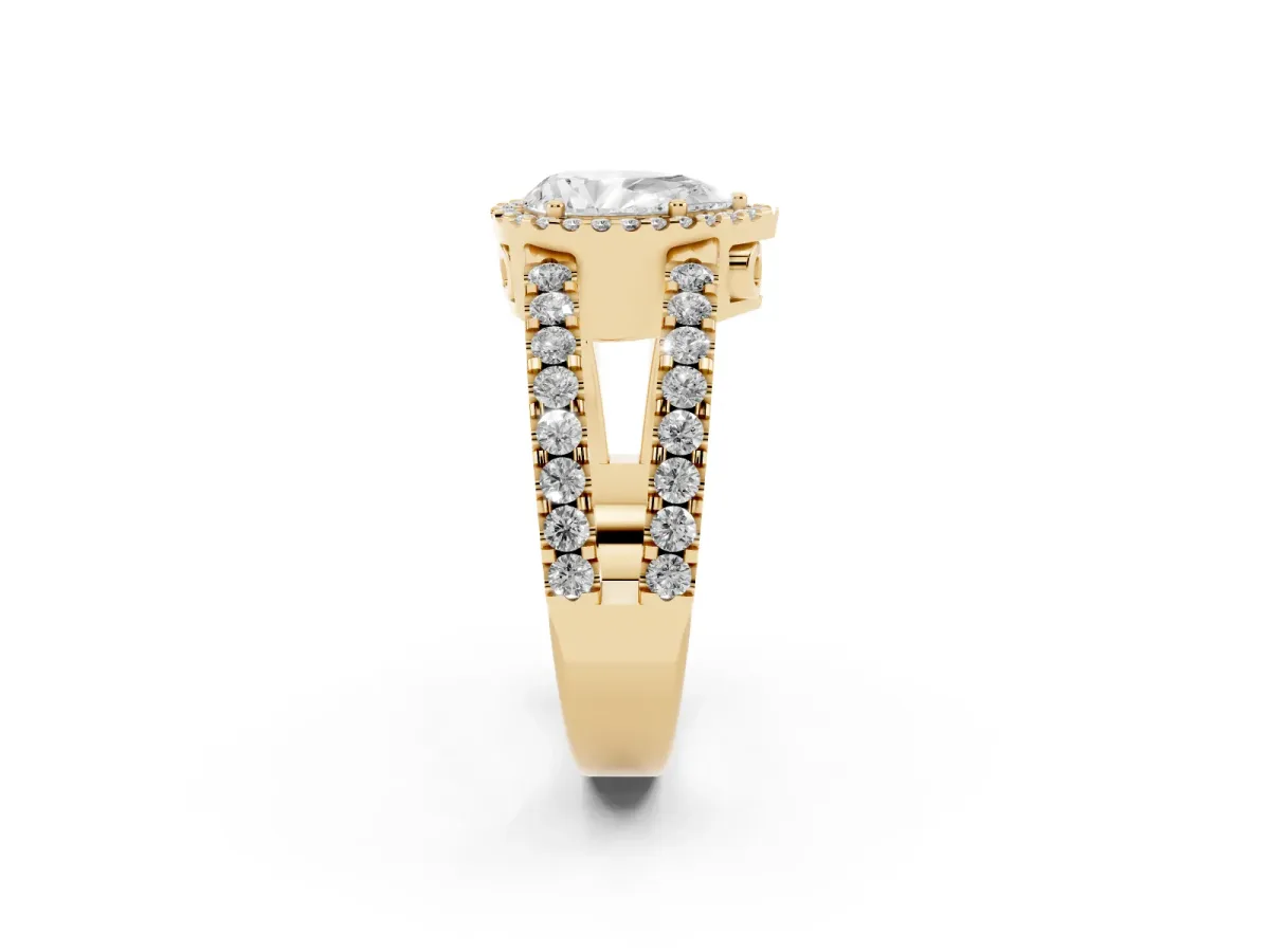 Pear Cut Cut Halo Split Shank Diamond Ring with Four-Prong Setting Yellow gold
