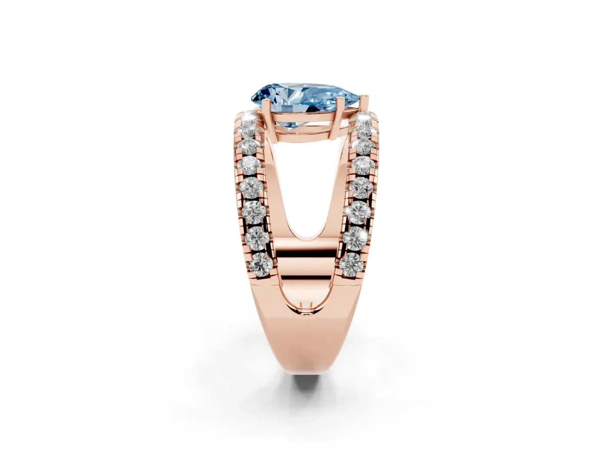 Fancy Blue Pear Cut Solitaire Split Shank Pave Diamond Ring Rose gold