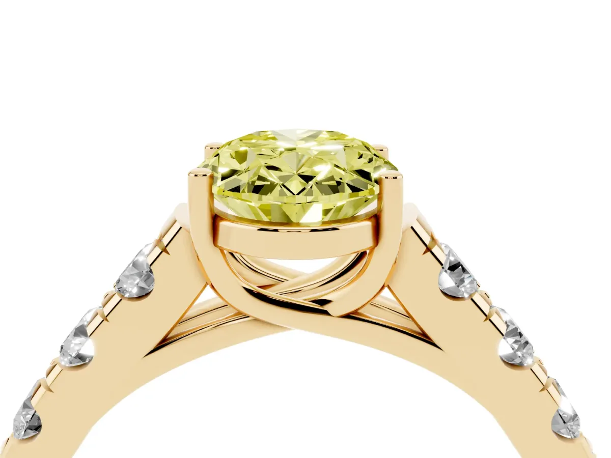 Fancy Yellow Oval Cut Cut Diamond Solitaire Ring with Micro Pave Band and Prong Setting Yellow gold