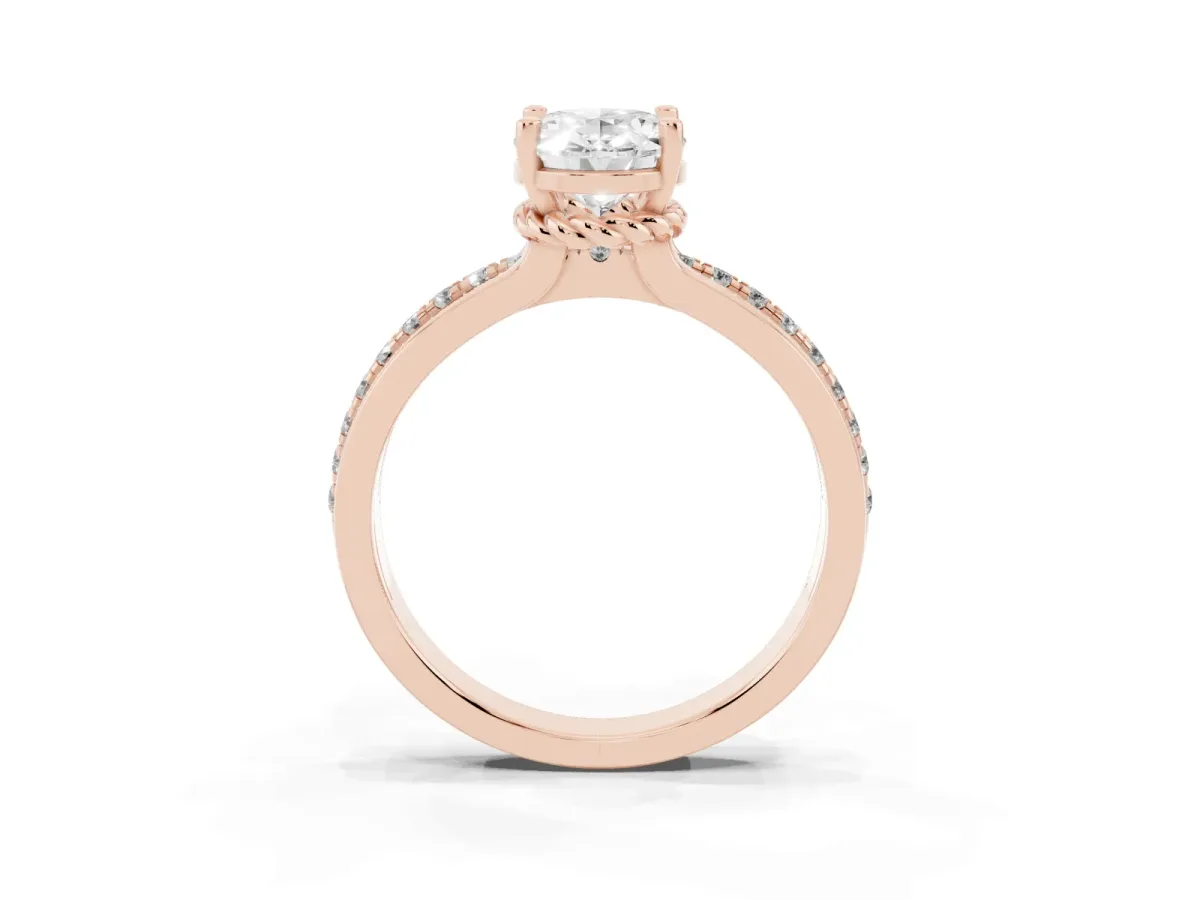 Oval Cut Solitaire Diamond Ring with Channel Set Band and Six-Prong Setting Rose gold