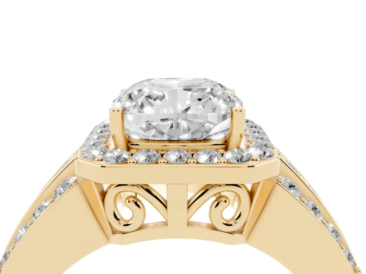 0.5 Carat Cushion Cut Halo Ring with Round Split Shank and Prong Setting Yellow gold