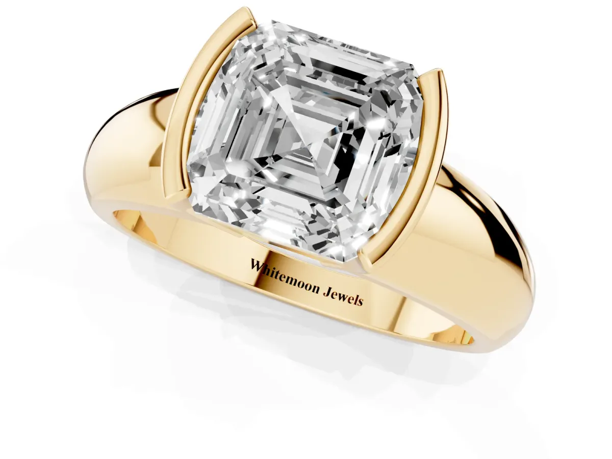 Asscher Cut Solitaire Tension Set Diamond Ring with Wide Band Yellow gold