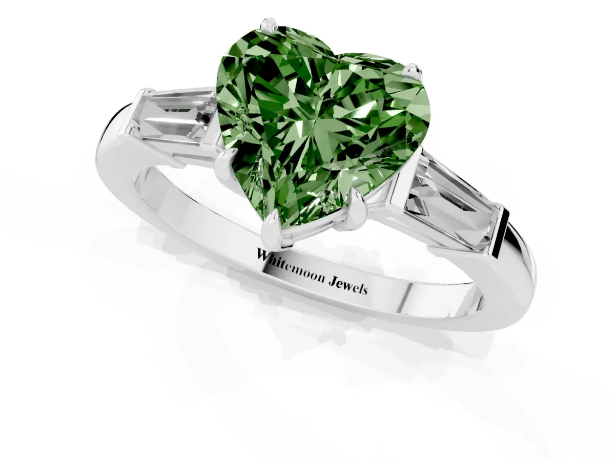 Fancy Green Heart Cut Diamond Three-Stone Ring with Tapered Baguette Side Stones and Prong Setting Platinum