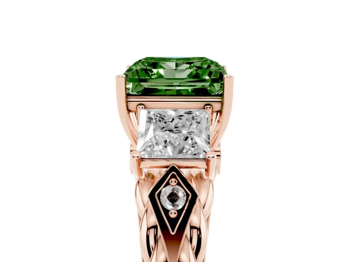 Fancy Green Three-Stone Princess Cut Diamond Braided Band Ring with Four-Prong Setting Rose gold