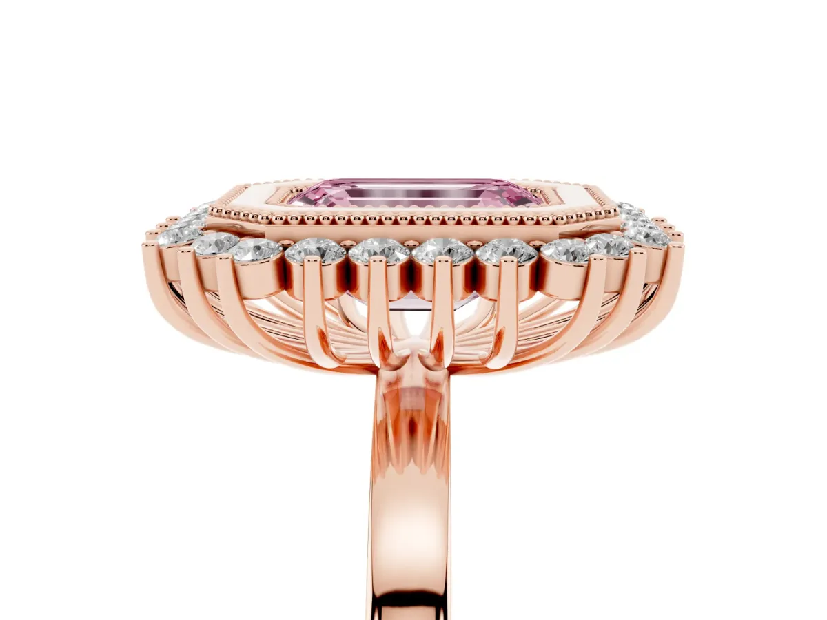 Fancy Pink Emerald Cut Halo Diamond Ring with Milgrain Edge and Round Prong Setting Rose gold