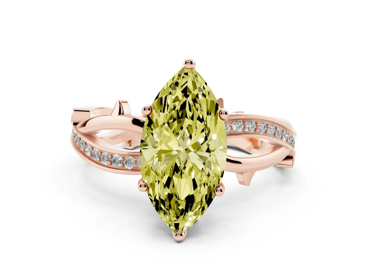 Fancy Yellow Marquise Cut Solitaire Twist Band with Pavé Accents and Four-Prong Setting Rose gold
