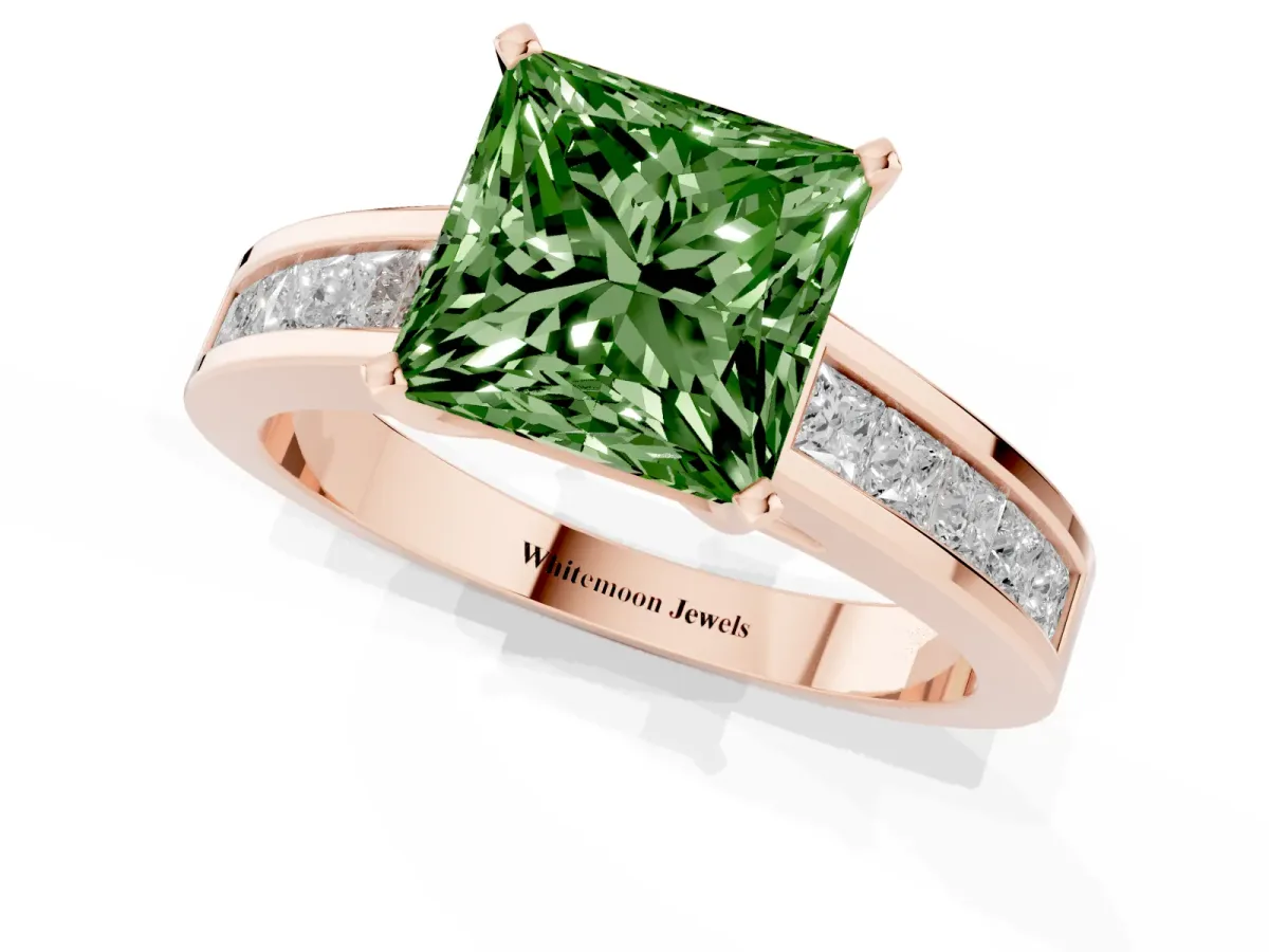Fancy Green Princess Cut Solitaire Diamond Ring with Channel-Set Band and Four-Prong Setting Rose gold